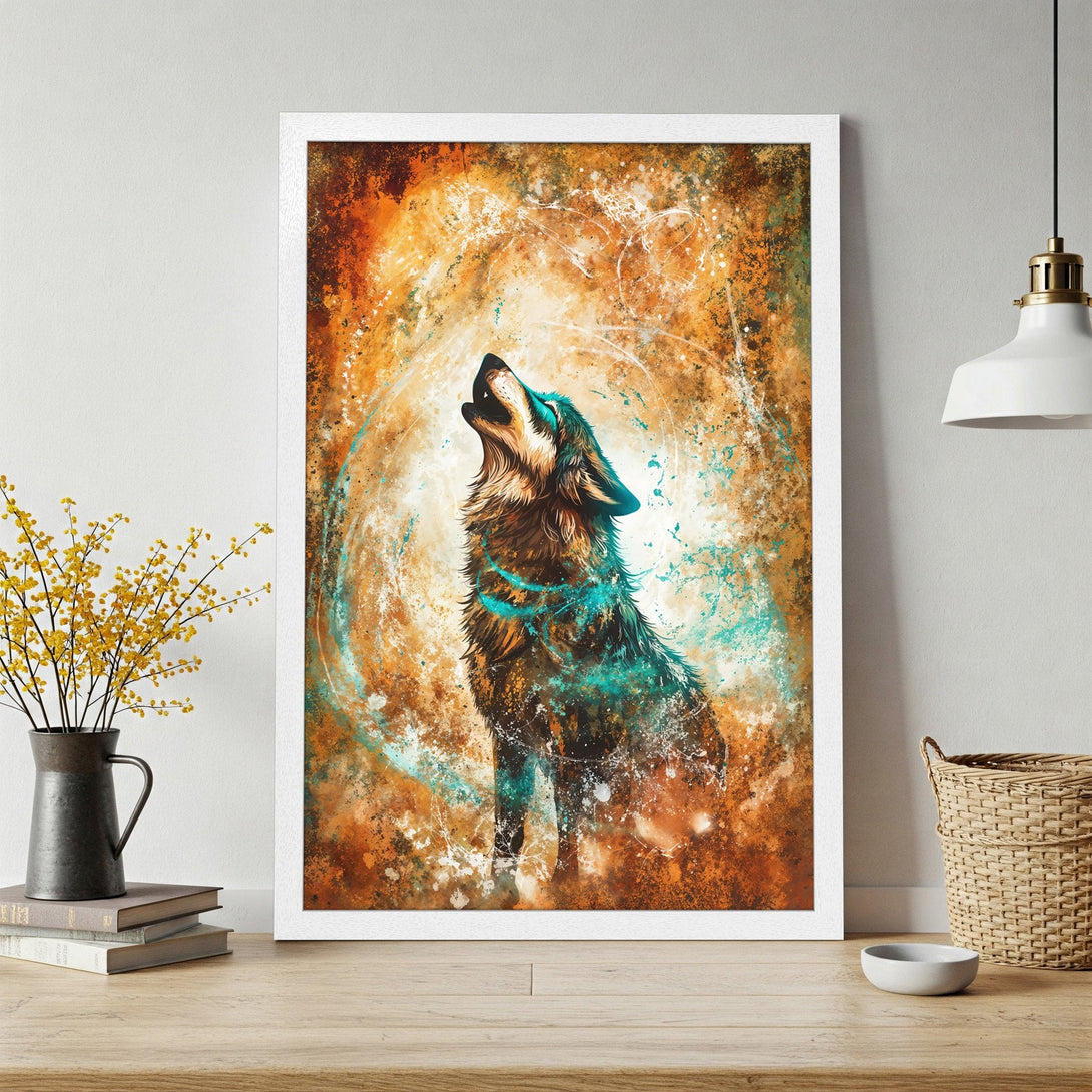 Framed Poster featuring a howling wolf in an abstract style, warm orange and teal color palette. Perfect wall art for your home!