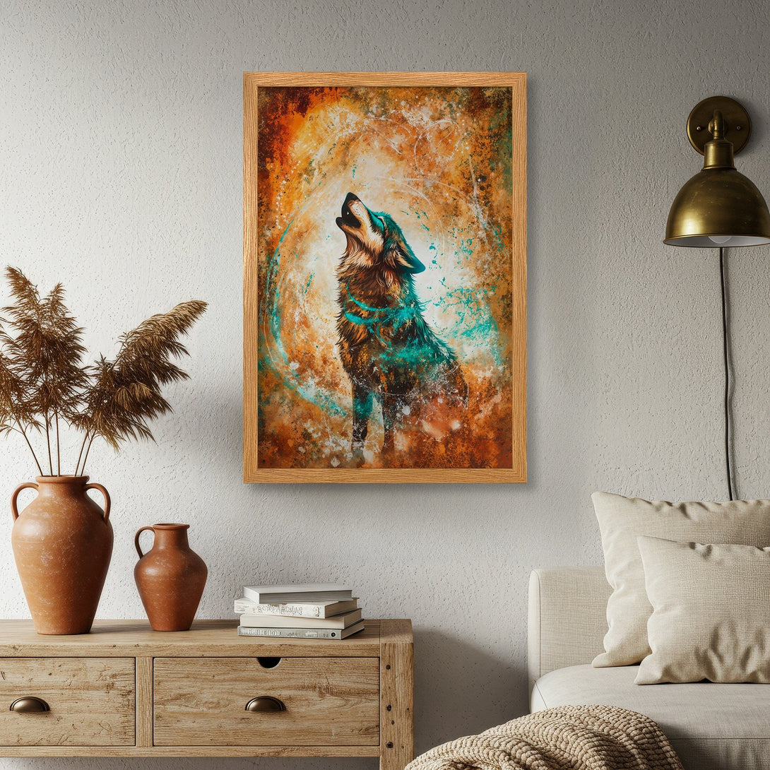 Framed Poster featuring a howling wolf in an abstract style with warm orange and teal tones. Perfect wall art for your home!