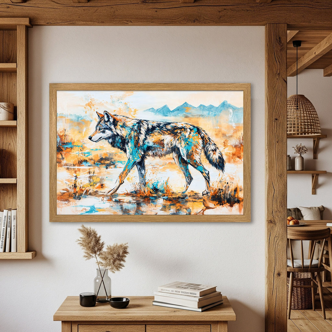 Framed Poster featuring a vibrant wolf artwork in blue, orange, and teal. Modern art style, perfect for home decor.
