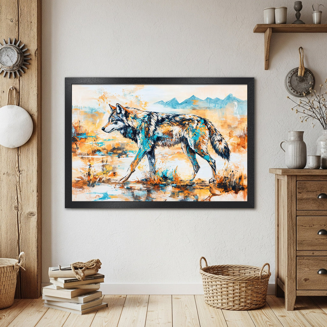 Framed Poster of a wolf in watercolor style, featuring a vibrant blue, orange, and teal color palette. Perfect wall art!