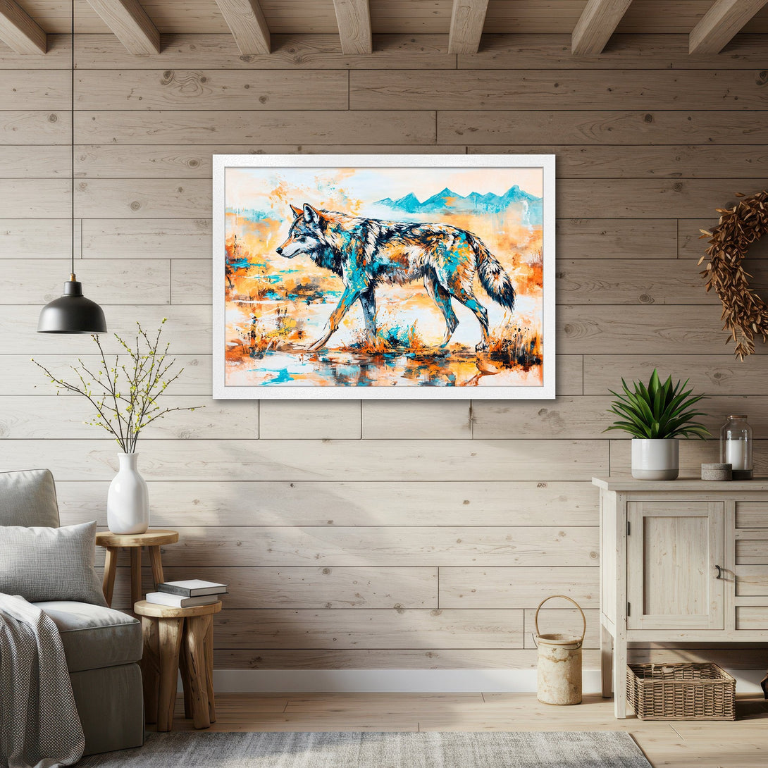 Framed Poster of a wolf in an abstract style, featuring a vibrant palette of blue, orange, and yellow. Perfect wall art!