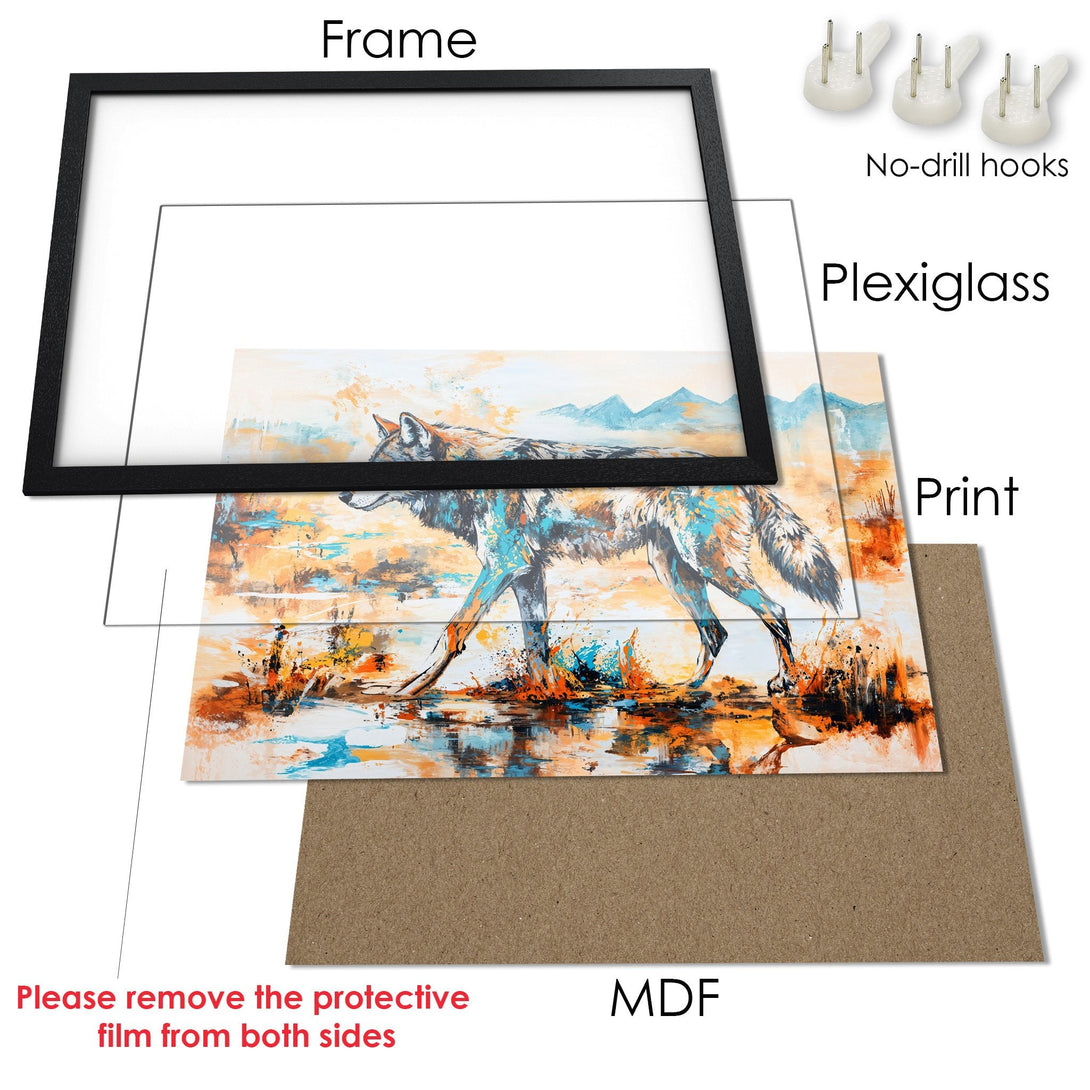 Framed Poster featuring a wolf in vibrant orange and blue hues. Modern art style, perfect for home decor.