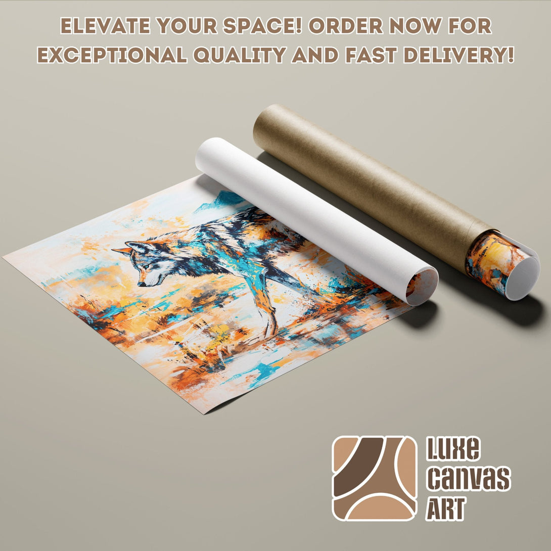 Abstract wolf art Poster Roll in blue, orange, and brown tones. Elevate your space!