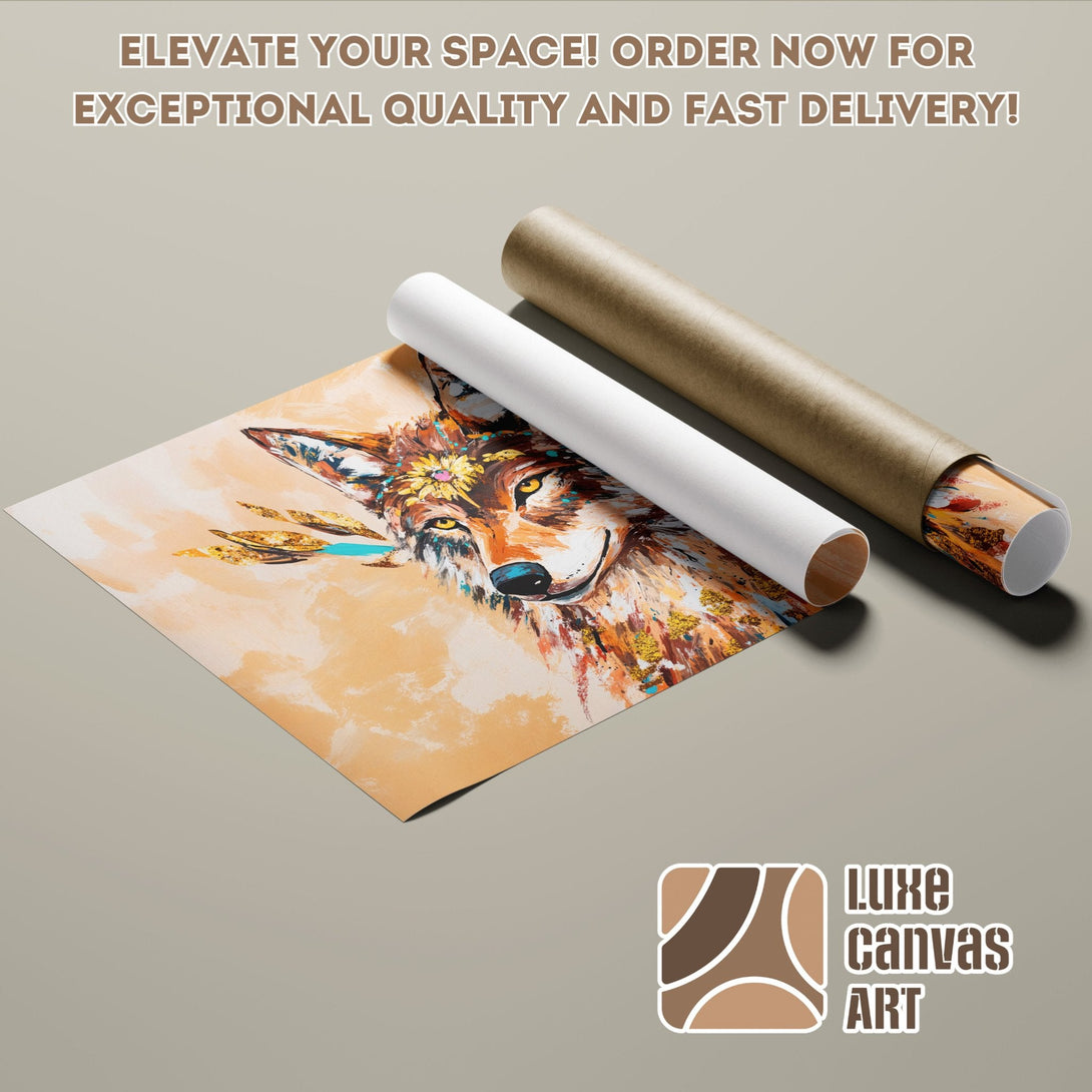 Abstract wolf art poster roll in warm color palette. Elevate your space! Order your poster today.