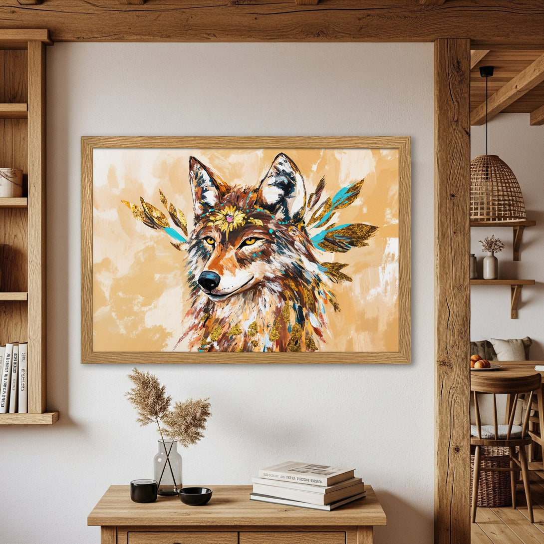 Framed Poster featuring a colorful wolf painting. Artistic style with warm, earthy tones. Perfect wall art for home decor.