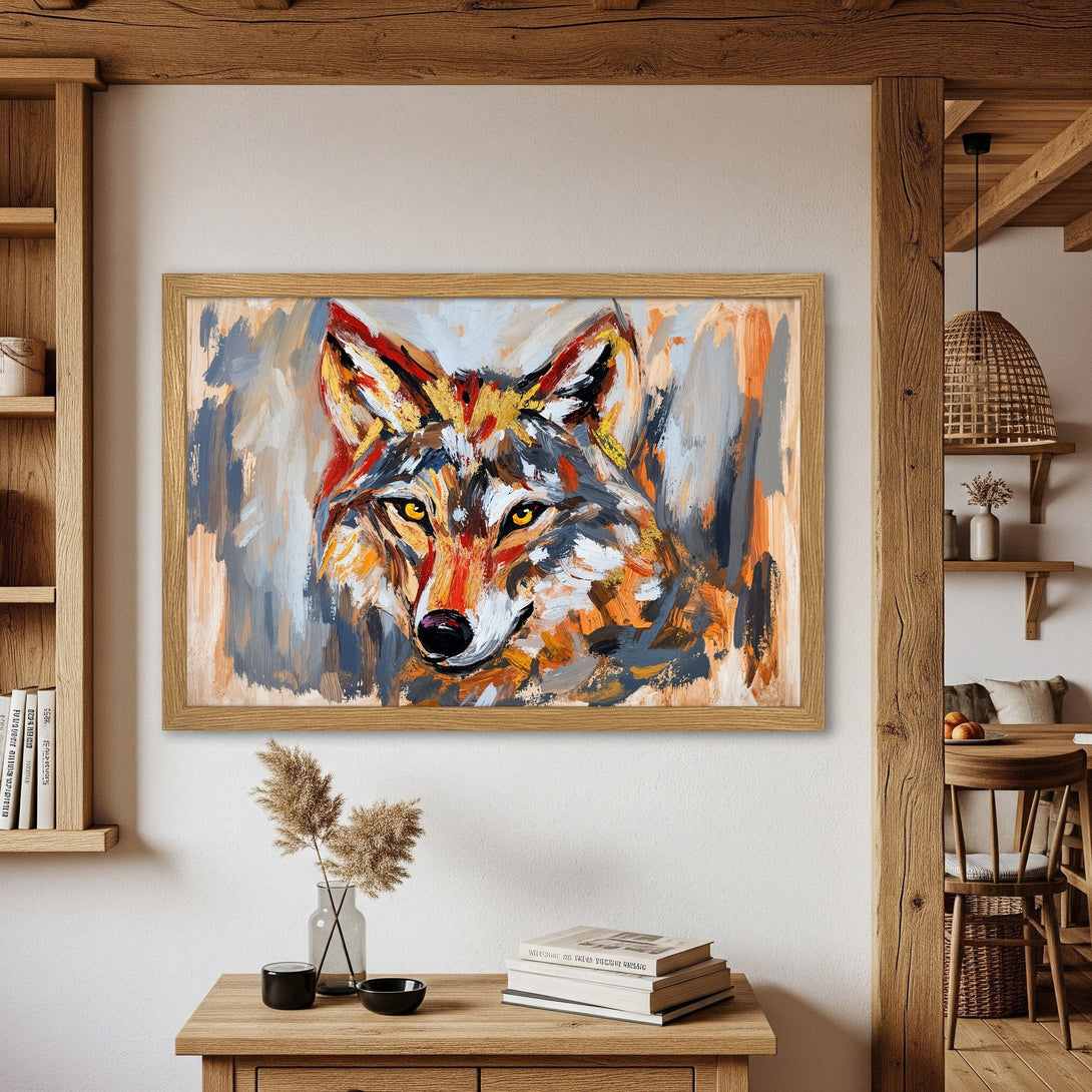 Framed Poster featuring a striking wolf portrait, abstract style, with a warm, earthy color palette. Perfect wall art!