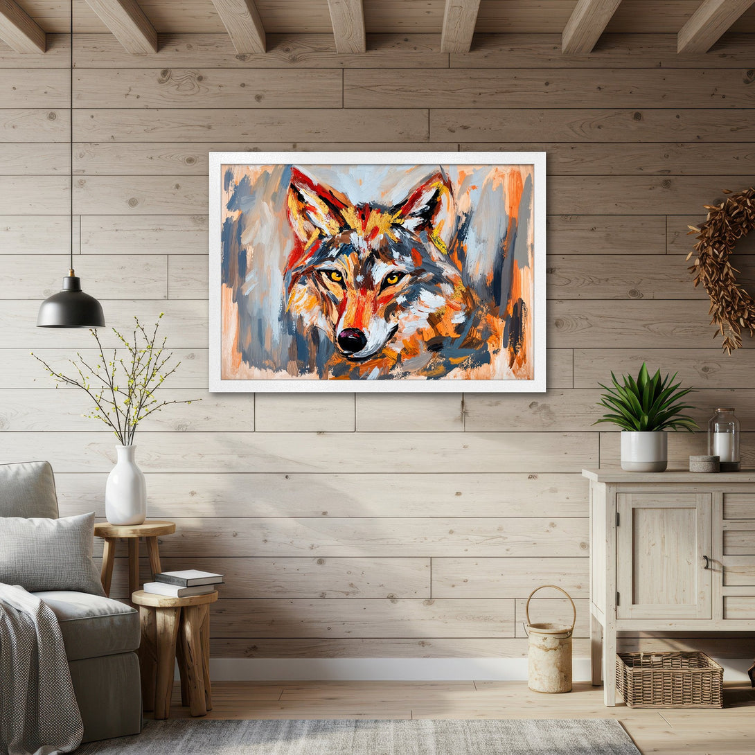 Framed Poster of a wolf in an abstract style with orange, grey, and blue tones. Perfect wall art for your home decor.