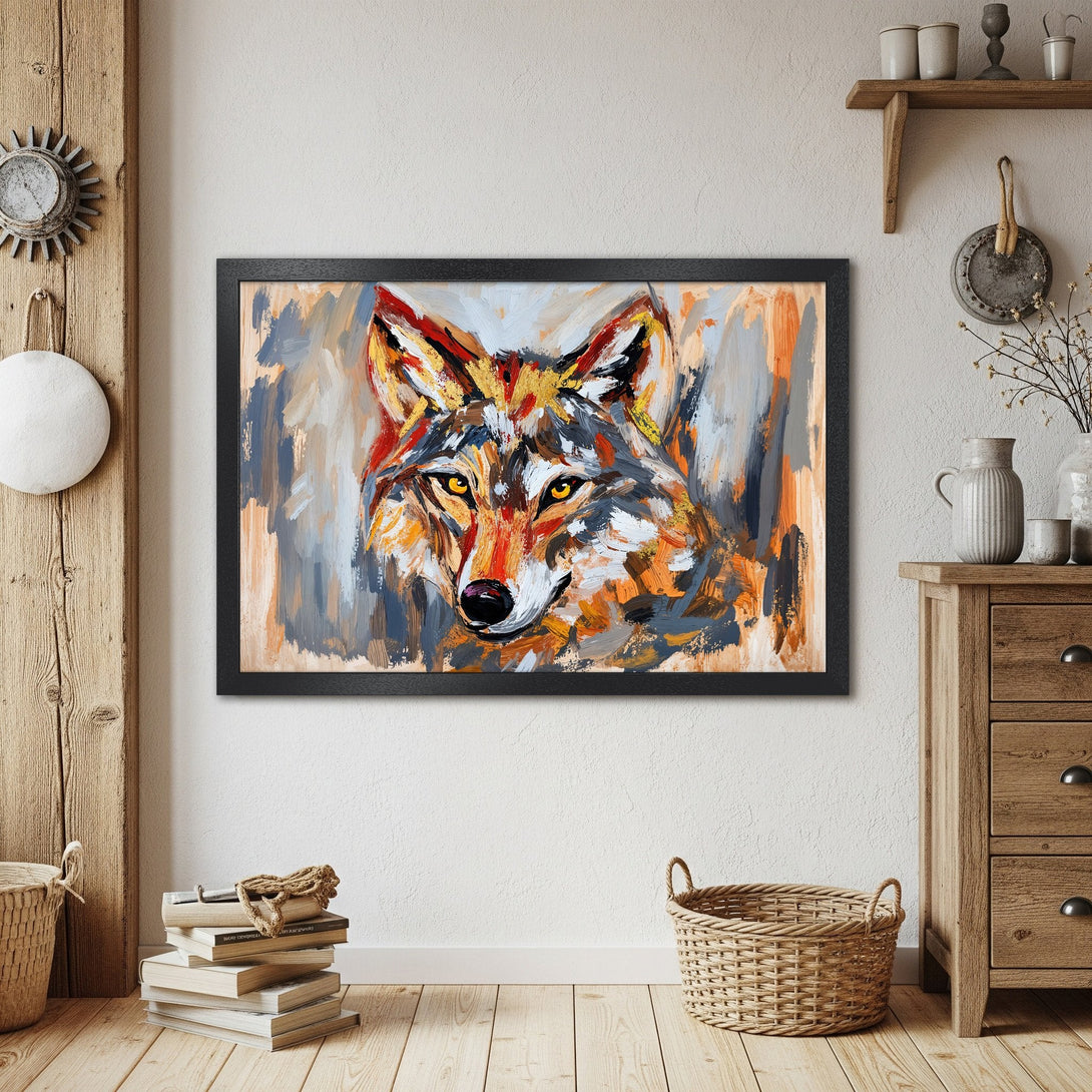Framed Poster of a wolf in abstract style with a warm color palette, perfect wall art for your home decor.