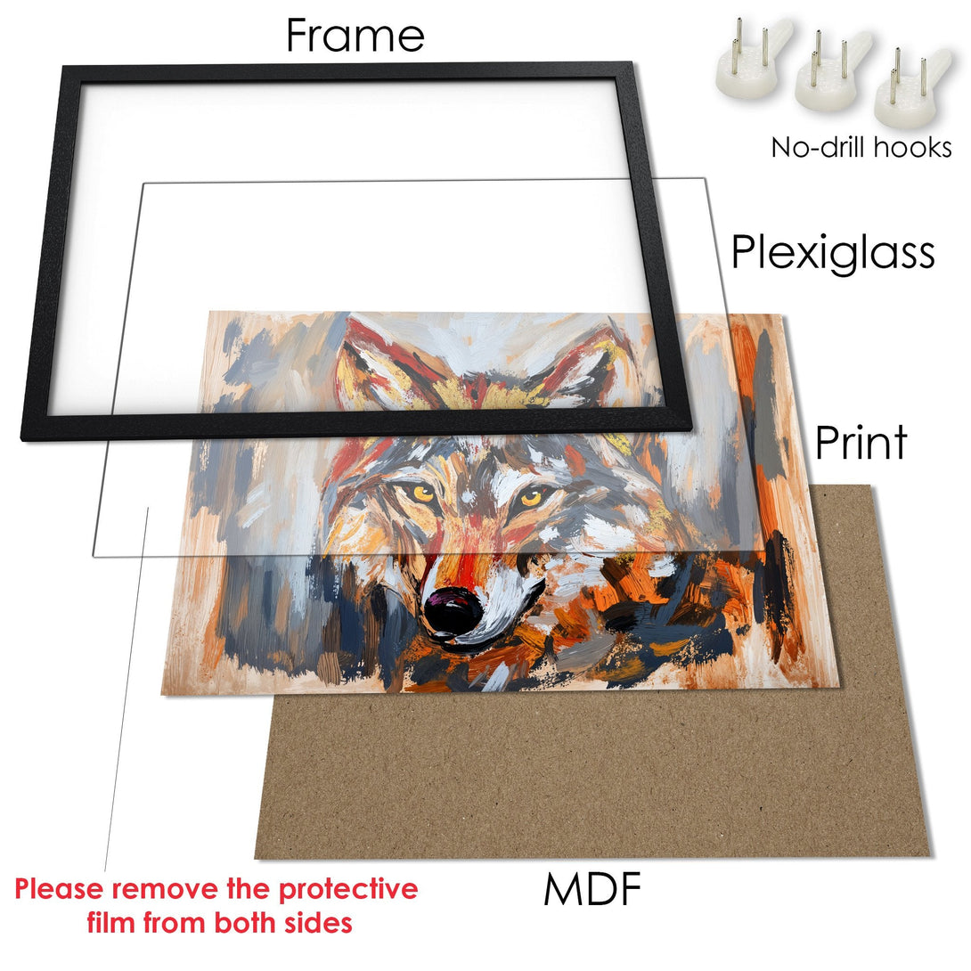 Framed Poster of a wolf in an expressive, painterly style with a warm, earthy color palette. Perfect art for your home!