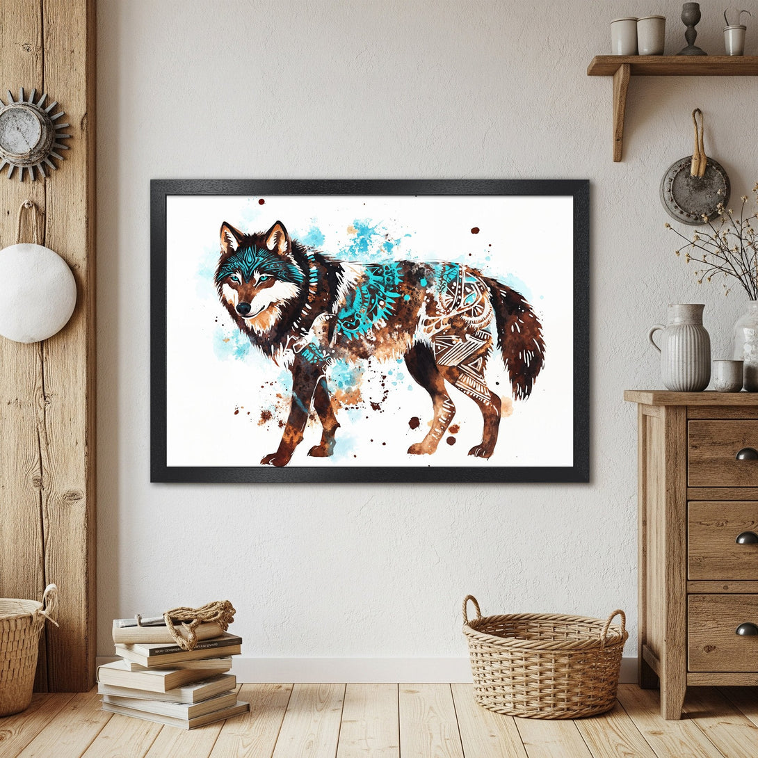 Framed Poster featuring a watercolor wolf with tribal patterns. Earthy tones with teal accents. Perfect for rustic decor.