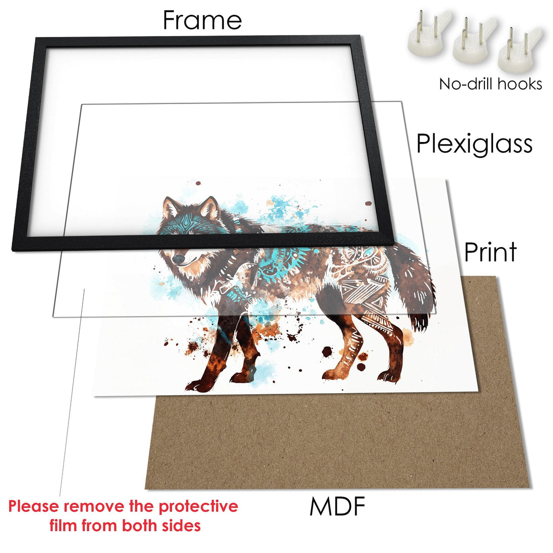 Framed Poster featuring a watercolor wolf. Stylish design with brown, turquoise, and white color palette. Perfect wall art for your home!