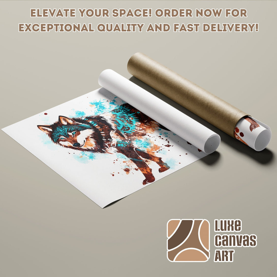 Wolf Poster Roll, watercolor style art in brown, teal, and white. Elevate your space!