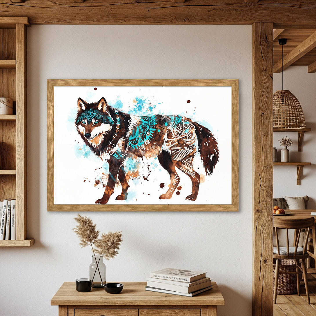 Framed Poster featuring a watercolor wolf with tribal patterns, in a brown, blue, and white color palette. Perfect wall art!