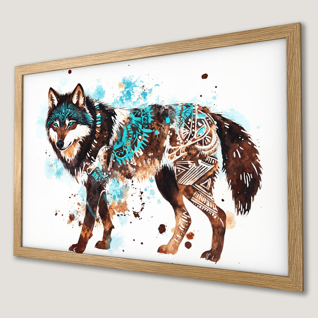 Framed Poster featuring a watercolor wolf with turquoise and brown accents. Stylish art print for your home decor.