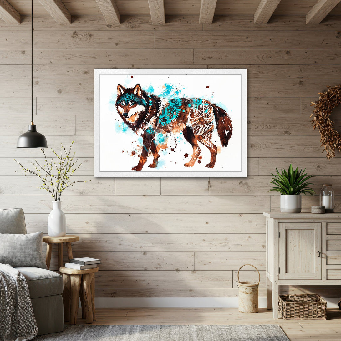 Framed Poster of a watercolor wolf with tribal patterns, featuring brown, teal, and white colors. Perfect wall art for your home!