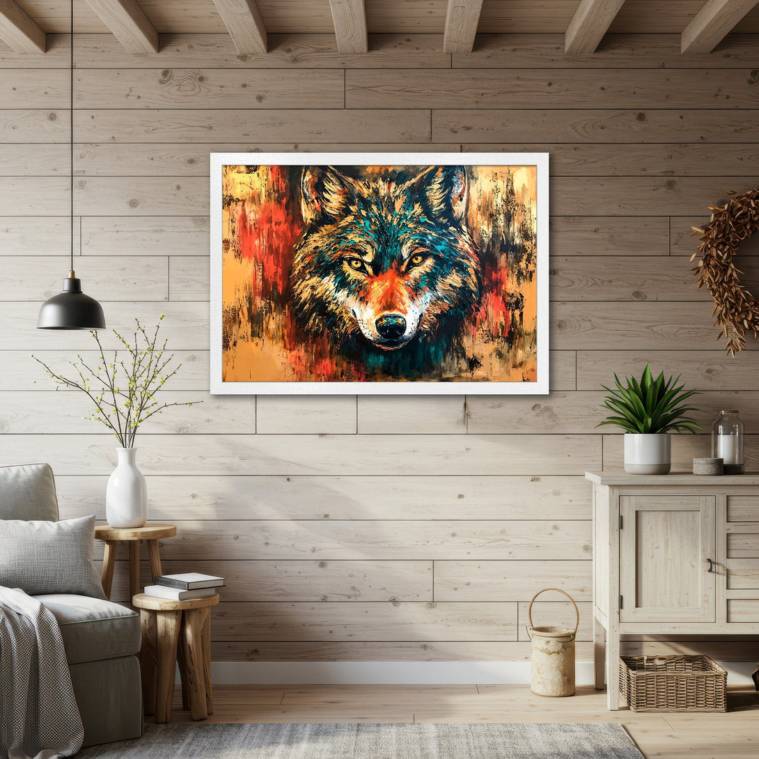 Framed Poster featuring a striking wolf portrait in an abstract style with a warm, earthy color palette. Perfect wall art!