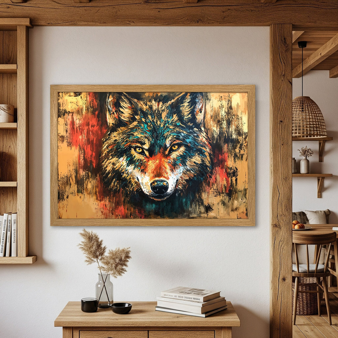 Framed Poster of a wolf in an expressive, abstract style. Features a warm color palette with red, gold, and teal tones. Add this art to your home!