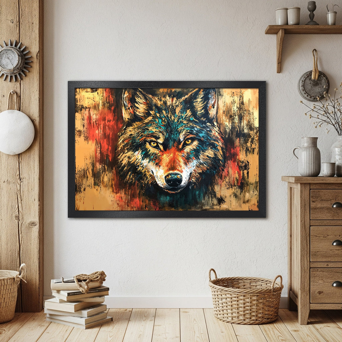 Framed Poster of a wolf in vibrant, abstract style. Features a warm color palette of gold, red, and teal. Perfect wall art!