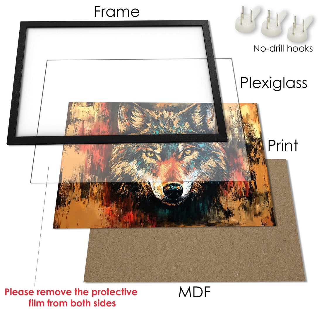 Framed Poster featuring a wolf in an abstract style with a warm color palette. Perfect wall art for your home!
