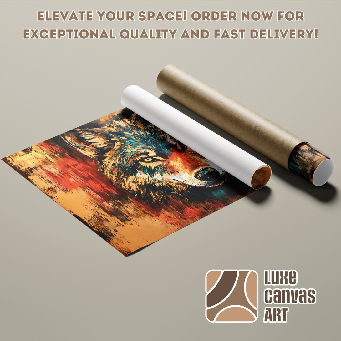 Abstract wolf art Poster Roll in warm orange, red, and teal tones. Elevate your space!