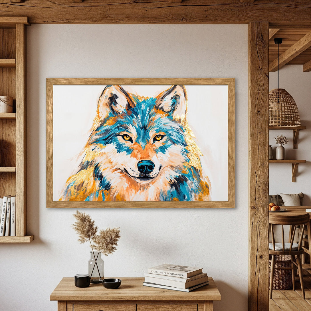 Framed Poster featuring a vibrant wolf painting. Modern art style with blue, orange, and gold color palette. Perfect wall decor!