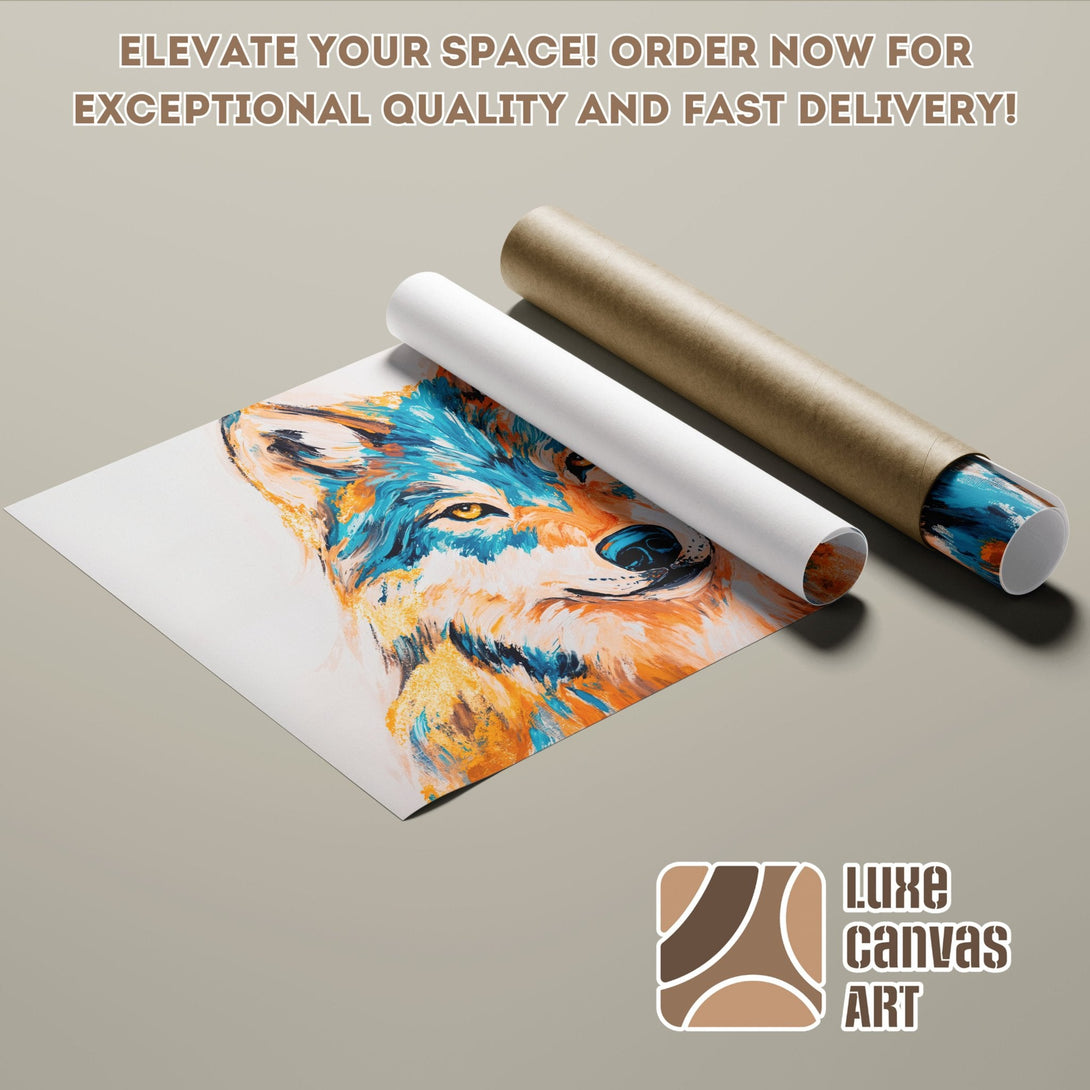 Abstract wolf art Poster Roll in blue, orange, and white. Elevate your space!