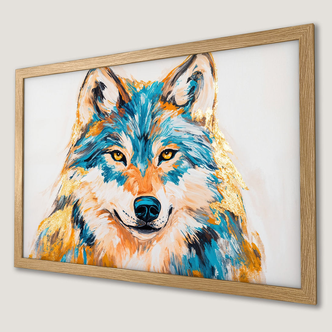 Framed Poster of a vibrant wolf painting in blue, orange, and gold. Modern art for your home!