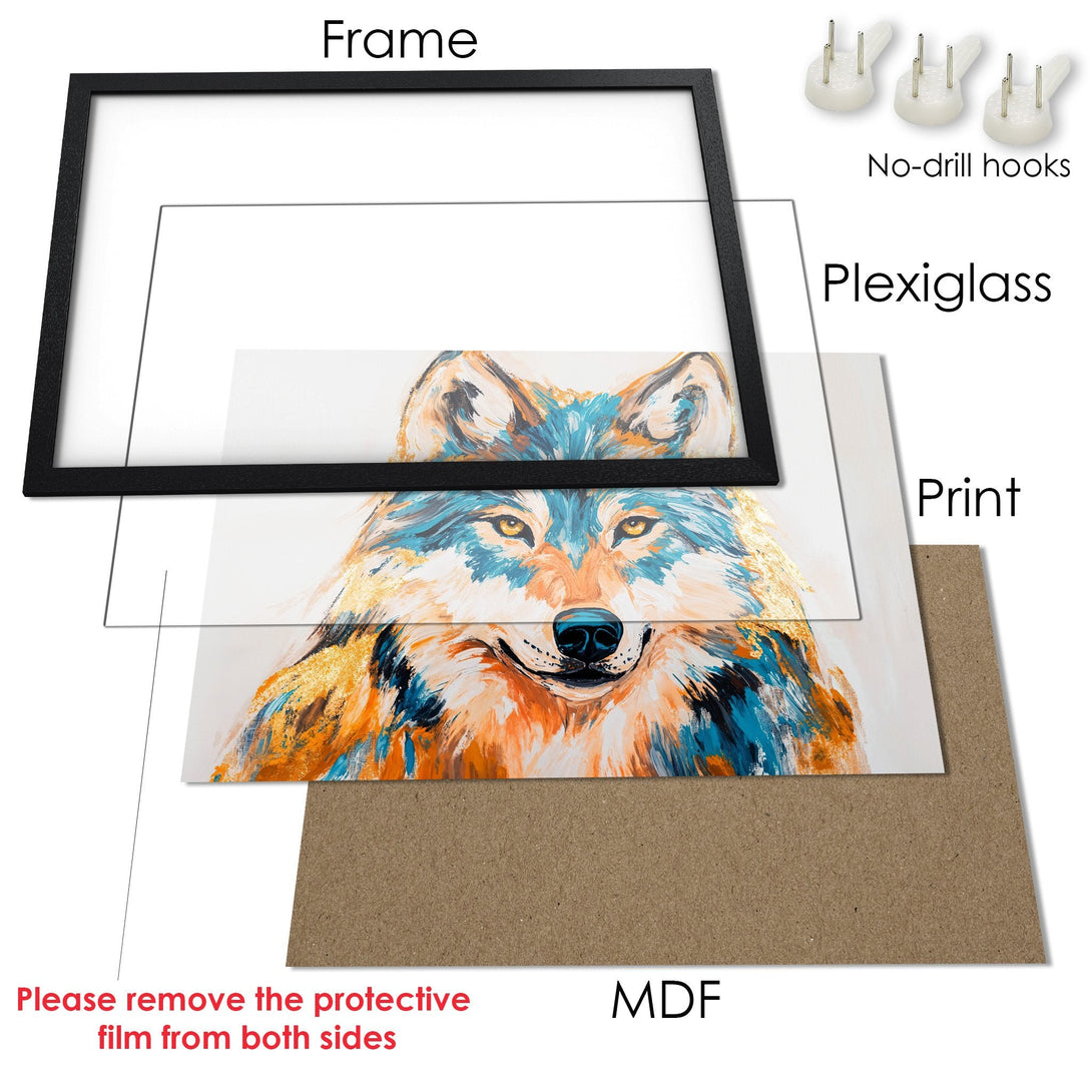 Framed Poster featuring a wolf in an expressive, colorful style. Stunning blue, orange, and gold palette. Perfect wall art for your home!