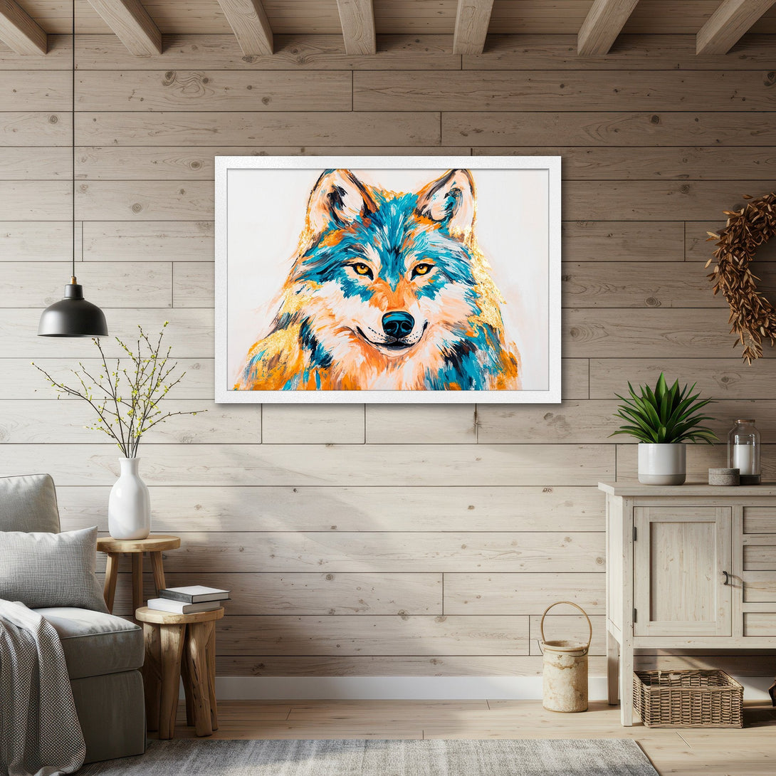 Framed Poster featuring a vibrant wolf portrait in blue, orange, and gold hues. Perfect for adding a touch of wild beauty to your space!