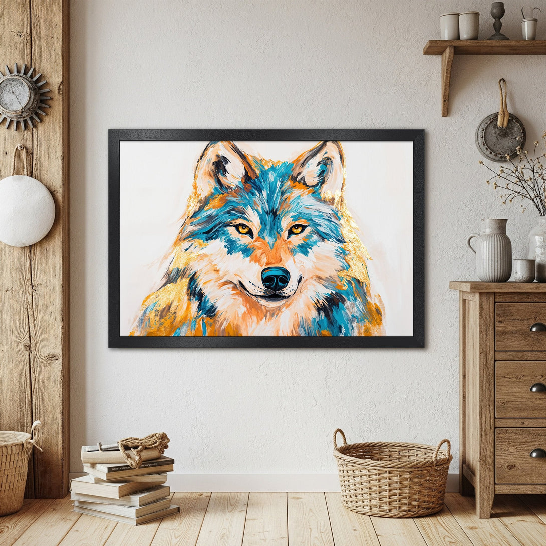 Framed Poster featuring a vibrant wolf portrait in blue, gold, and orange. Perfect wall art for any space!