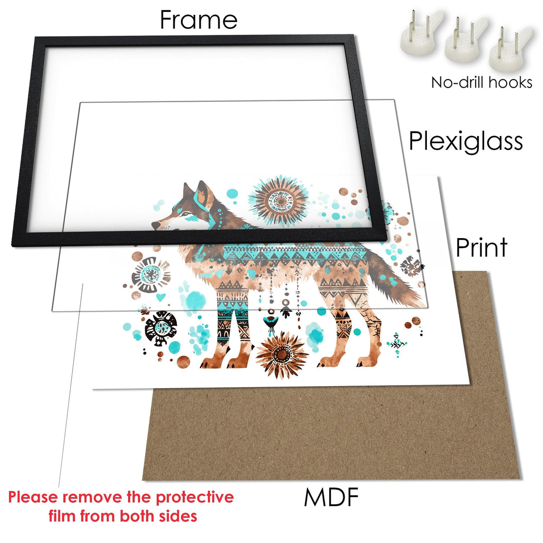Framed Poster featuring a wolf in watercolor style with turquoise and brown tones. Add a touch of nature to your space!