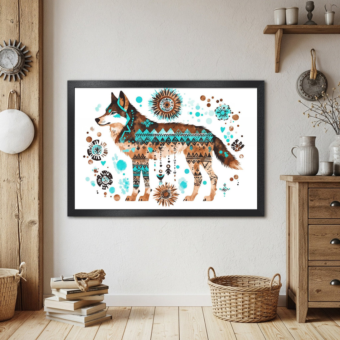 Framed Poster of a wolf in watercolor style, featuring a tribal design with brown and teal accents. Perfect wall art!