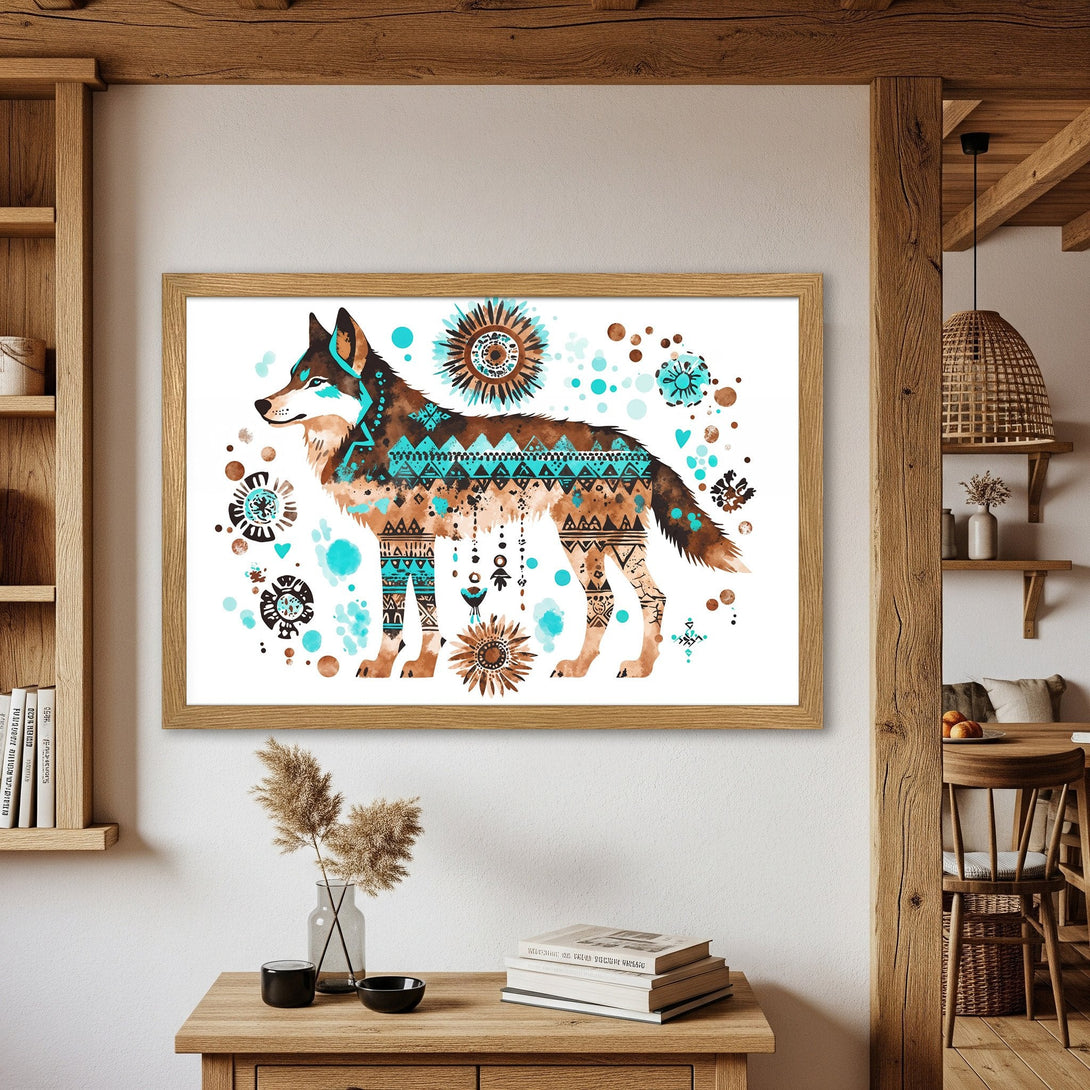 Framed Poster featuring a watercolor wolf in boho style with turquoise and brown accents. Perfect wall art for your home!