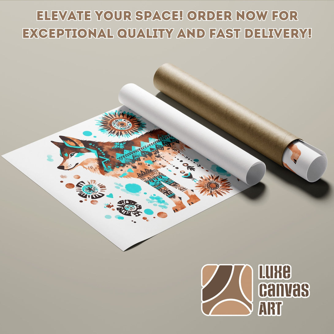 Watercolor wolf art poster roll in turquoise and brown tones. Elevate your space!
