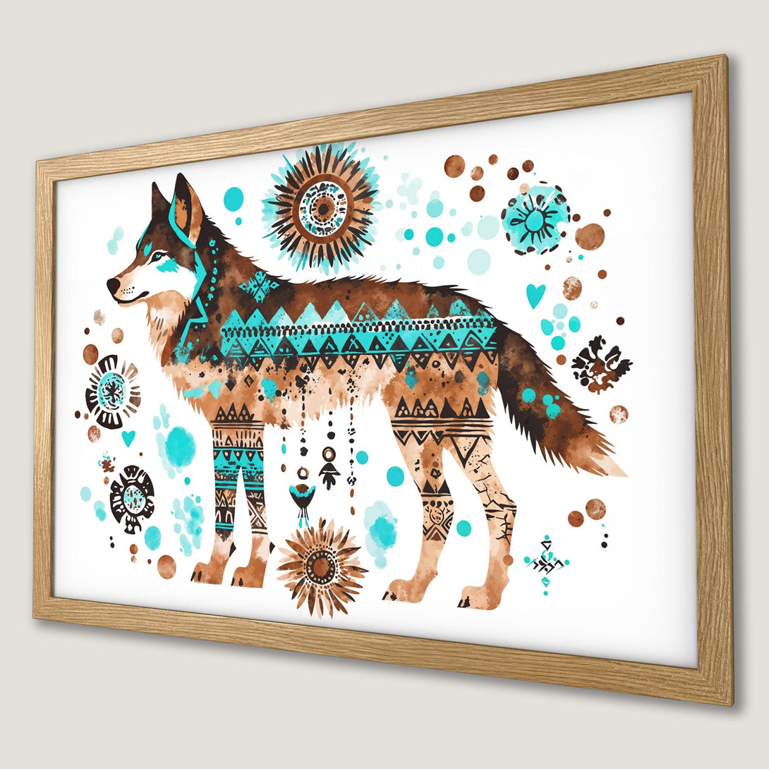 Framed Poster featuring a watercolor wolf with tribal patterns. Earthy tones with teal accents. Perfect wall art for your home!