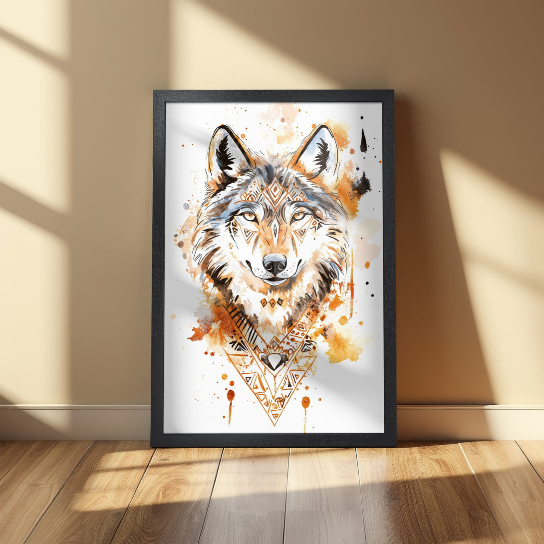 Framed Poster featuring a watercolor wolf with tribal patterns. Warm orange and brown tones, perfect for adding a touch of nature and art to your space.
