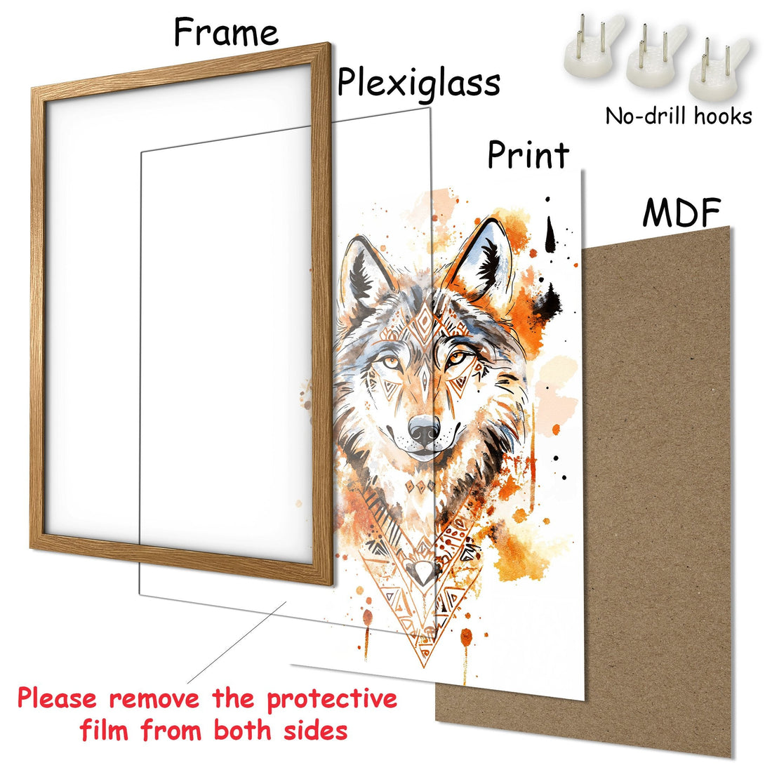 Framed Poster featuring a watercolor wolf art print. Earthy tones of orange, brown, and black. Perfect wall decor!