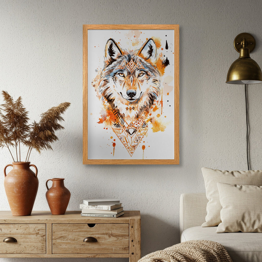 Framed Poster featuring a watercolor wolf in tribal style, with orange and brown tones. Perfect wall art!