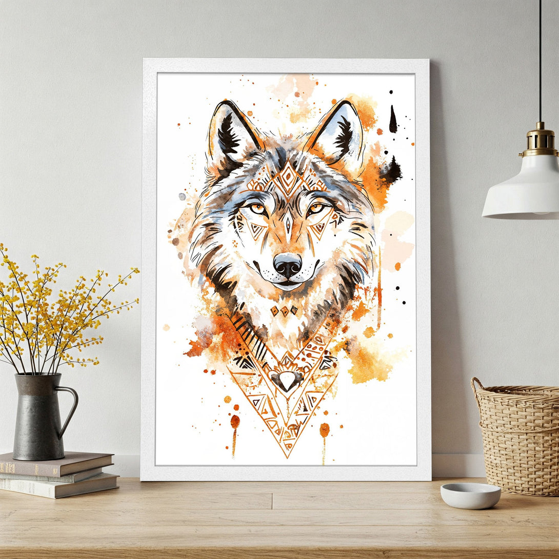 Framed Poster featuring a watercolor wolf in tribal style, with orange and brown color palette. Perfect wall art for your home!