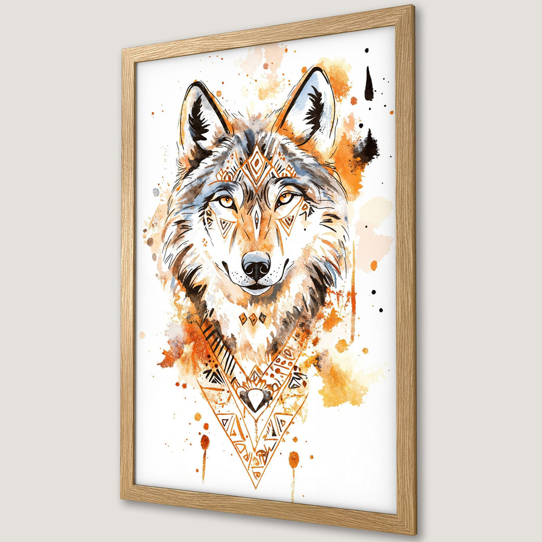 Framed Poster featuring a watercolor wolf with tribal details, in orange, brown, and blue hues. Perfect for adding a touch of nature and art.