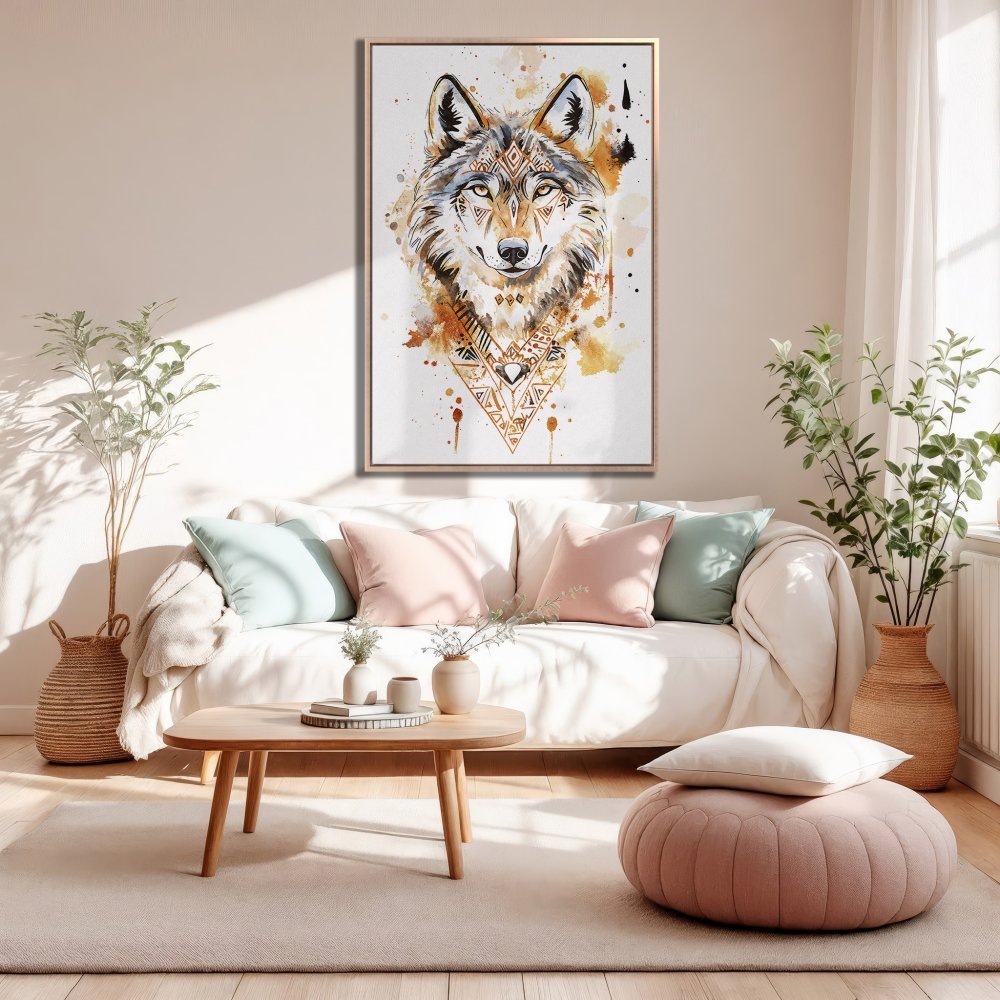 Framed Wall Art: Watercolor wolf portrait in warm earth tones. Stylish decor for living room. Canvas Print.