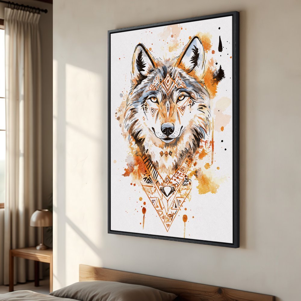 Framed Wall Art: Watercolor wolf portrait in warm orange and brown tones. Add a touch of boho style to your home with this stunning Canvas Print!