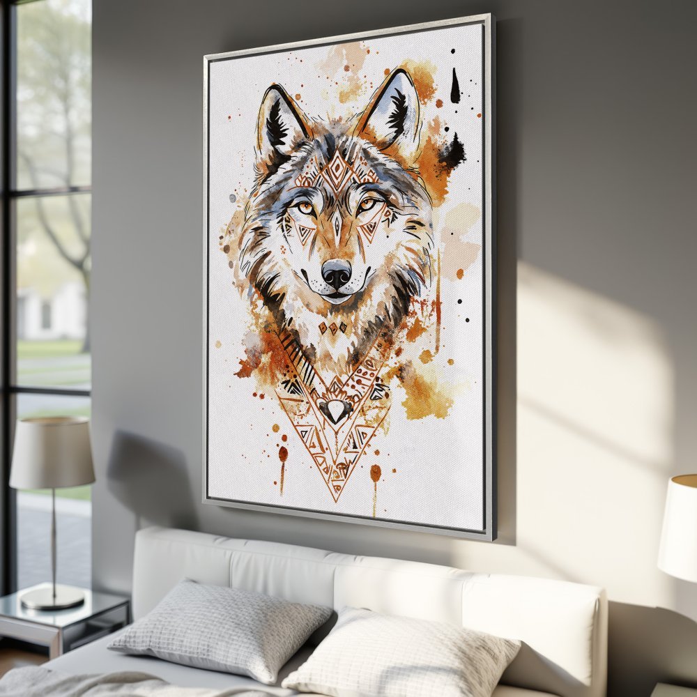 Framed Wall Art: Stunning watercolor wolf portrait with tribal accents. Earth-toned palette adds warmth. Perfect for adding a touch of nature & style to your space.