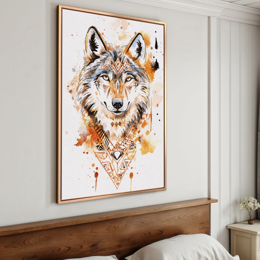 Framed Wall Art: Watercolor wolf portrait in warm orange and brown tones. Boho style Canvas Print for living room or bedroom decor.