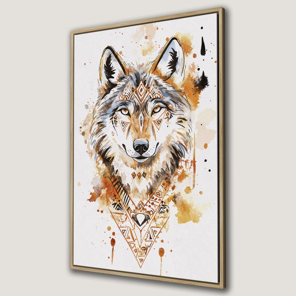 Framed Wall Art: Watercolor wolf portrait with tribal accents. Earthy tones of brown, orange, and grey. Perfect for rustic home decor.