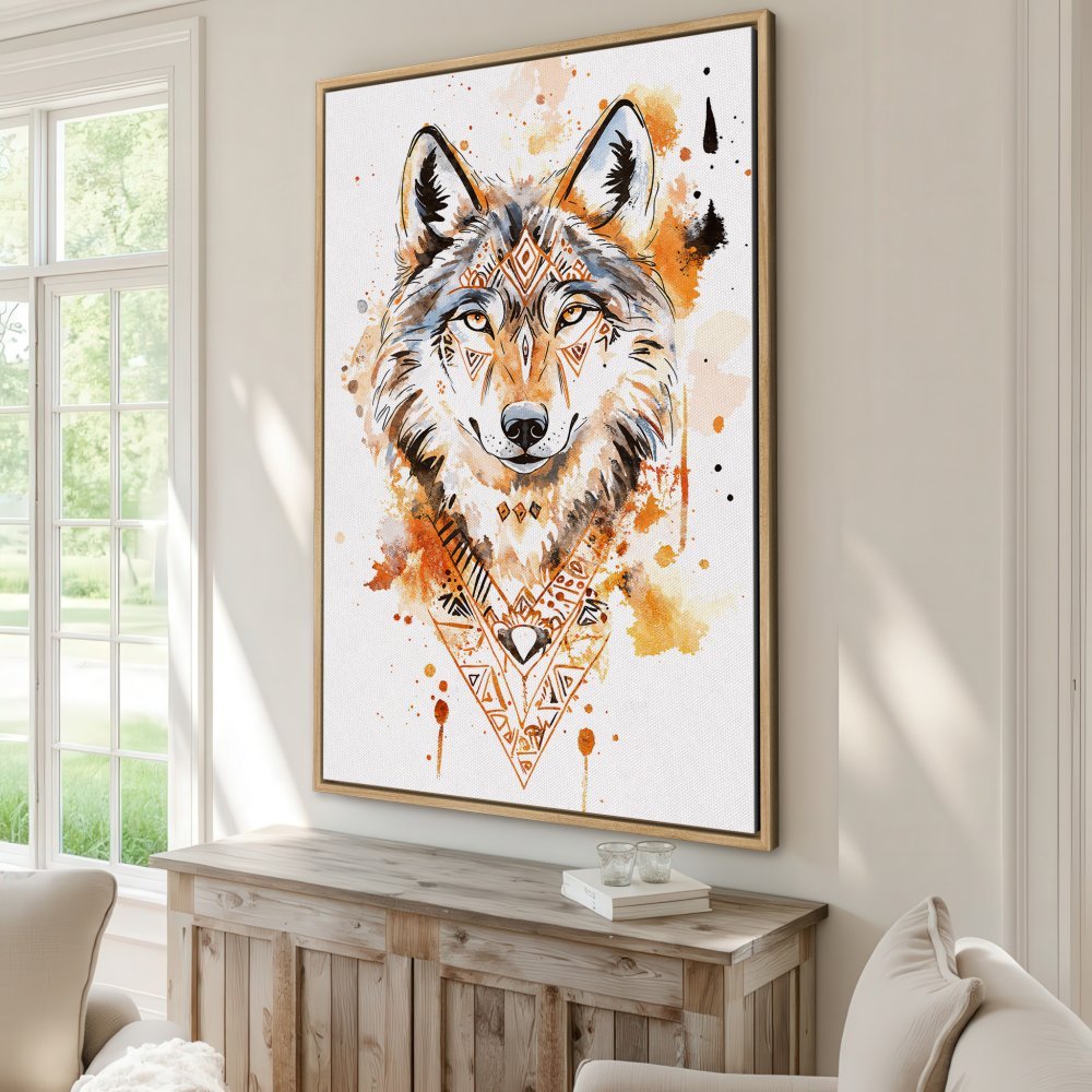 Canvas Print of a watercolor wolf with tribal patterns. Warm orange and brown tones create a stunning, artistic focal point for any space.