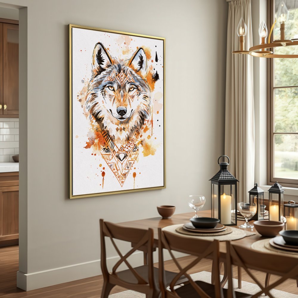 Canvas Print of a majestic wolf in watercolor style, featuring warm orange and brown tones. Add a touch of nature to your decor!