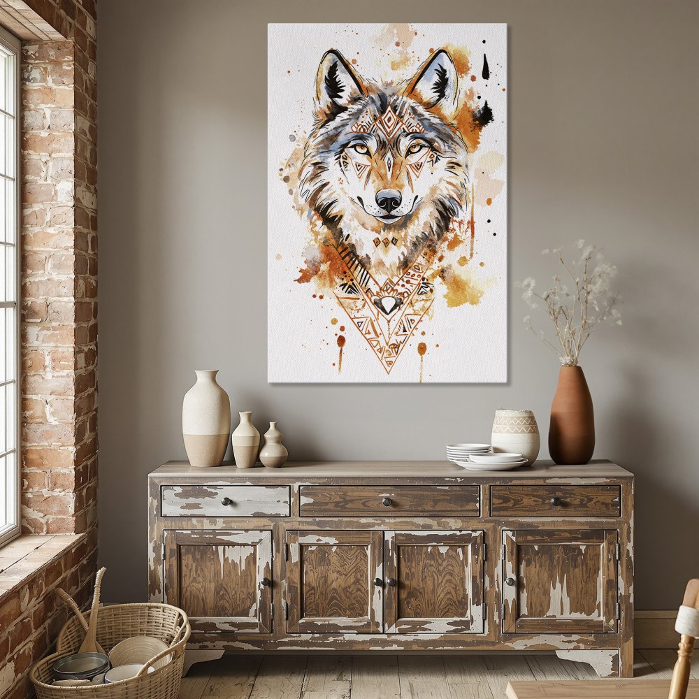 Framed Wall Art: Watercolor wolf portrait in warm orange tones. Add a touch of boho style to your home with this stunning Canvas Print.