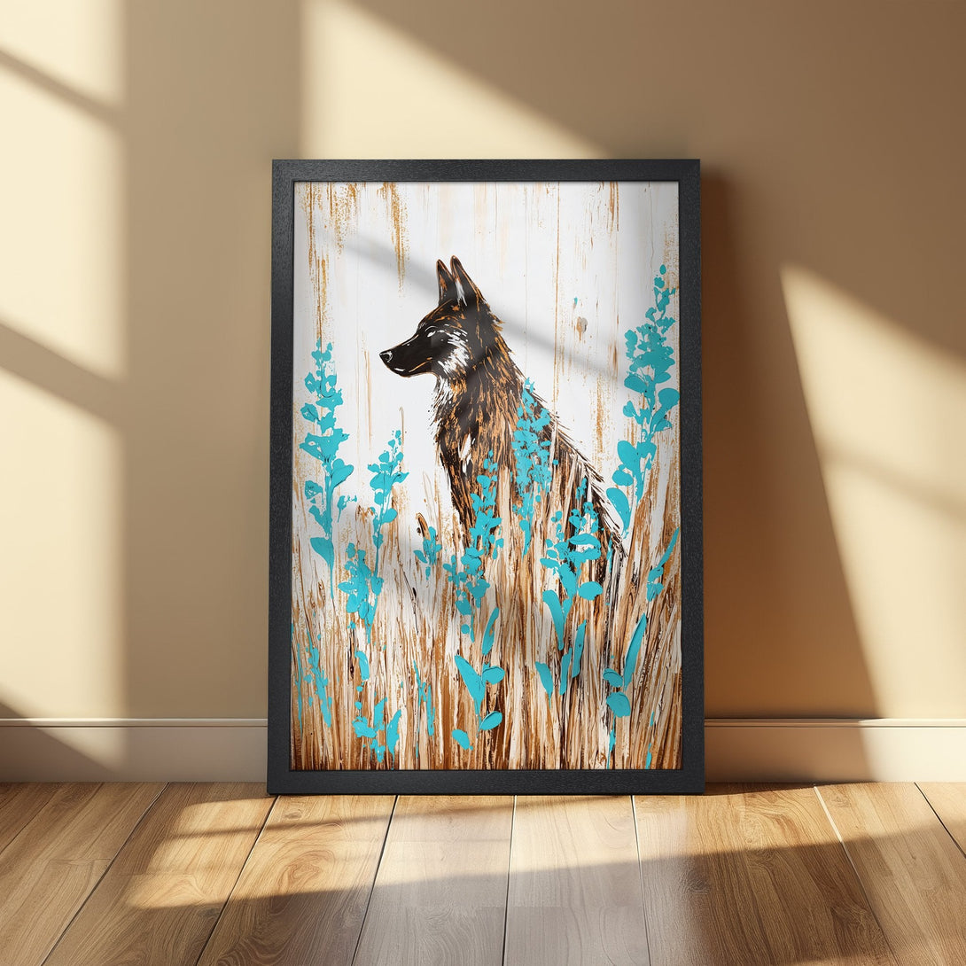 Framed Poster featuring a wolf in a field, abstract style with brown, white, and teal color palette. A stunning piece of wall art.