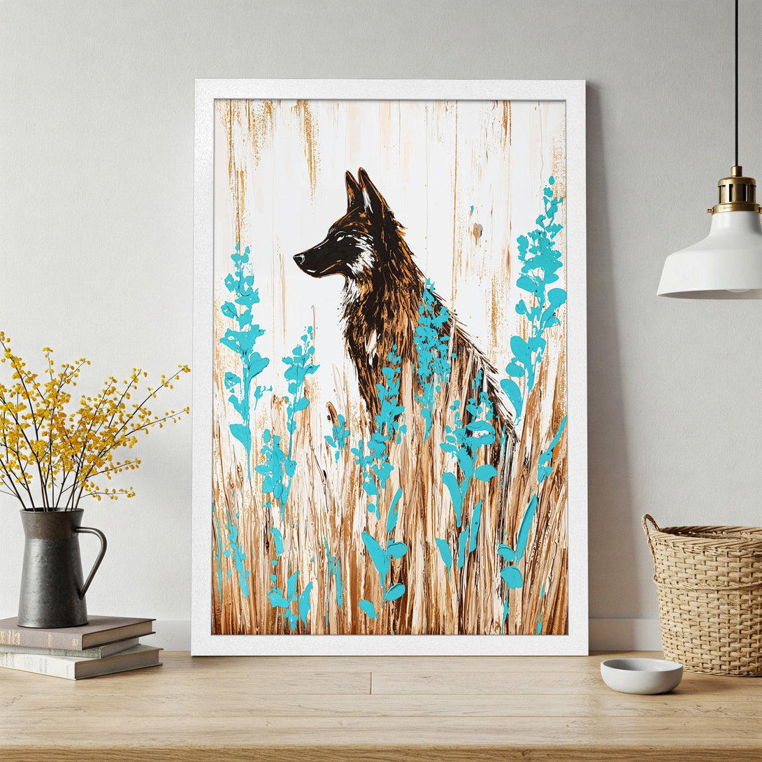 Framed Poster featuring a dog in an abstract style with brown, turquoise, and white color palette. Perfect wall art for your home!